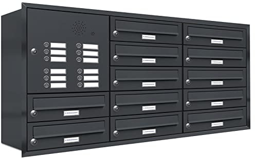 AL Briefkastensysteme, 12er Unterputzbriefkasten mit Klingel in Anthrazit Grau RAL 7016, 12 Fach wetterfeste Briefkastenanlage Design modern