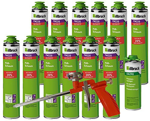 illbruck FM220 Lot de 12 mousses de construction professionnelles pour pistolet à mousse de montage 750 ml + nettoyant + pistolet à mousse compact