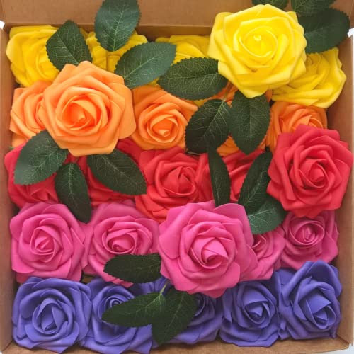LUSSO LIA 25 pcs Decorative Artificial Flower Foam Roses with Bendable Stems for Wedding Bouquet, Anniversary, Valentine's Day, Table and Home Decoration, DIY, and Arts and Crafts (Rainbow)