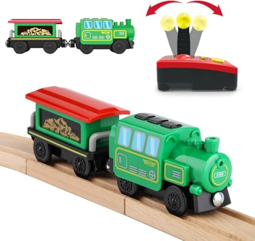 Battery Operated Locomotive Train Set for Wooden Train Tracks,Powerful Engine Train Vehicles Train Electric Remote Control Cars with Light&Sound Train Toy Boy Gift