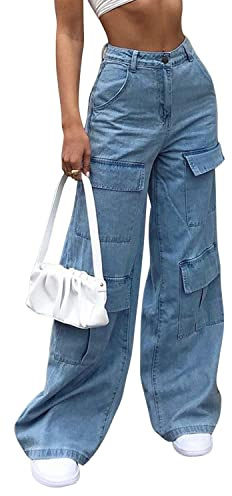 Runstarshow Pantalones de Mezclilla Holgados para Mujer, Pantalones Cargo Y2K, Pantalones de Mezclilla de Cintura Alta, Jeans de Pierna Ancha con Bolsillos, Vintage, Casual, Ropa de Calle, Talla 6-20