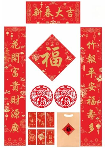 Veroda 13 Stück Chinesisch Neujahr Dekoration Set Chinesisch Couplets Chunlian Fu Charakter Ornament Fenster Abziehbilder Rote Umschläge Geschenktüte für Neujahr Frühlingsfest (Frohes Neues Jahr)