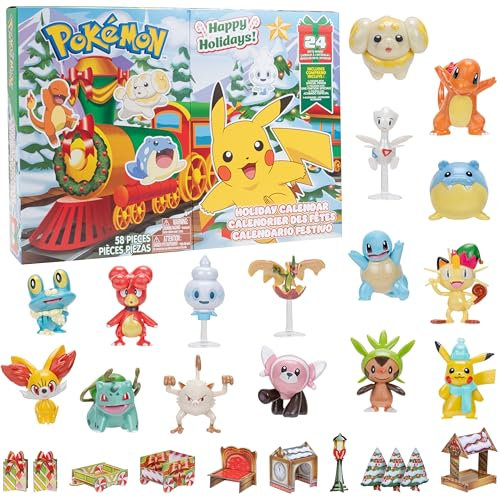 Pokémon Adventskalender 2024 mit 24 Geschenken – Weihnachts-Spielset für Kinder – Charaktere enthalten 5,1 cm Pikachu, Bulbasaur, Charmander & mehr – 16 Spielzeugfiguren & 8 Weihnachtsaccessoires –