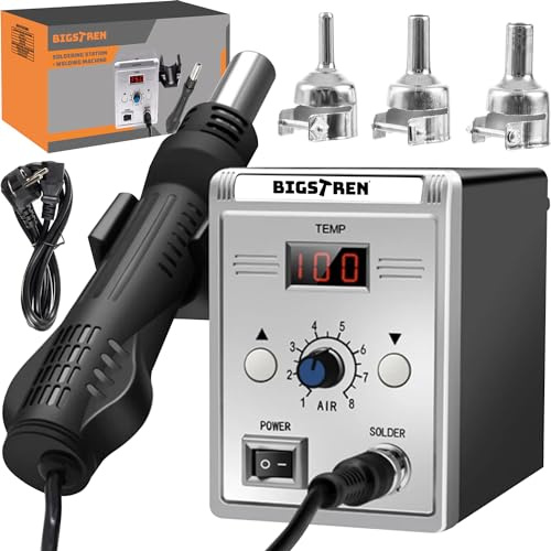 BIGSTREN Heißluft-Lötstation 700W mit LCD, 3 Düsen, Temperatur & Luftstrom Regulierung – Präzisions-Hot-Air für Elektronik, Kunststoff, Reparaturen