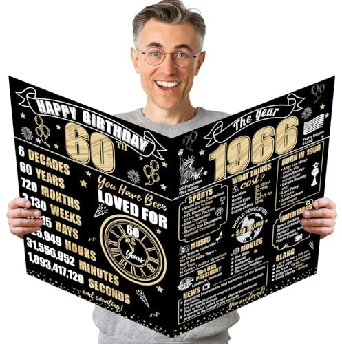 Turypaty Large 60th Birthday Card With Envelope for Men Women, 1966 Black Gold Happy 60th Birthday Giant Guest Signature Book Gifts, Big Vintage 1966 60 Greeting Card Decoration Party Supplies