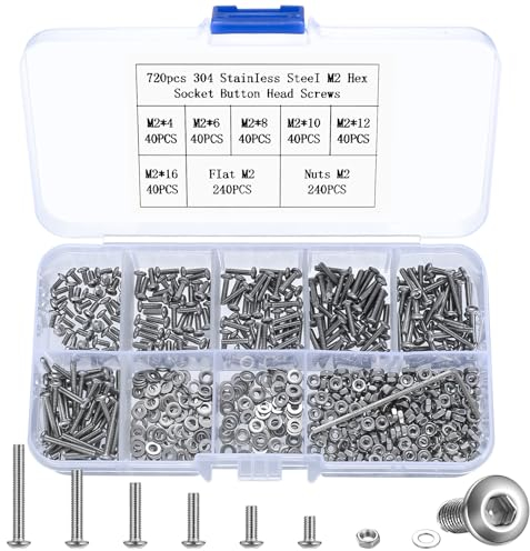 720 Stück M2 Schrauben Set, Zylinderschrauben mit Innensechskant Schrauben Muttern mit Unterlegscheiben Set, Sechskantschrauben und Muttern Kit, Edelstahl Maschinenschrauben Gewindeschrauben Set