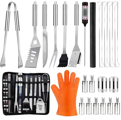 28PCS Stainless Steel BBQ Grill Accessories Set, Grilling Gifts for Men Birthday Father's Day, Portable Multifunction Grilling Utensils Tools Kit with Storage Bag for Outdoor Grill Camping BBQ Party