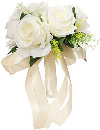Ramo de Novia Ramo de Mano de Boda Ramo de Flores de Seda de Flores de Rosas Artificiales con Cinta para Suministros de Boda Flores Artificiales de Novia Blancas Ramo de Rosas Artificiales Ramo de Bod