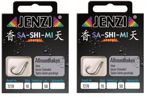 Set 2 Packungen gebundene Allroundhaken Angelhaken von JENZI (20 Stück), 50cm Hakengröße 2, 4, 6, 8, 10, 12,14 & 16 je nach Auswahl + gratis Petri Heill! Aufkleber (Hakengröße 16)