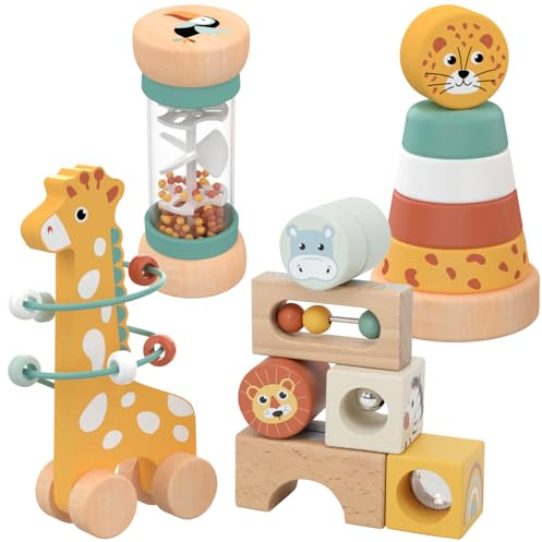 Nene Toys Spielzeug ab 1 Jahr – Montessori Baby Holzspielzeug 4-in-1 Set mit Klangbausteinen, Regenmacher, Stapelturm & Giraffe-Labyrinth – Holzbausteine Motorikspielzeug – Geschenk Junge Mädchen