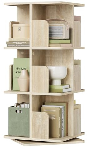 EUGAD Estantería Giratoria, Librería con 12 Compartimentos de 3 Niveles, Estantería de Pie para Salón Estudio y Oficina, 40x40x94,5 cm, Roble Claro