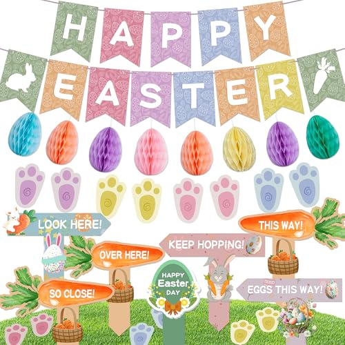Syoulin-24pcs easter egg hunt kit,easter decorations home, Easter Banner, Easter Bunting,Paper Easter Decorations Home,For Easter garden decoration, Easter party game supplies