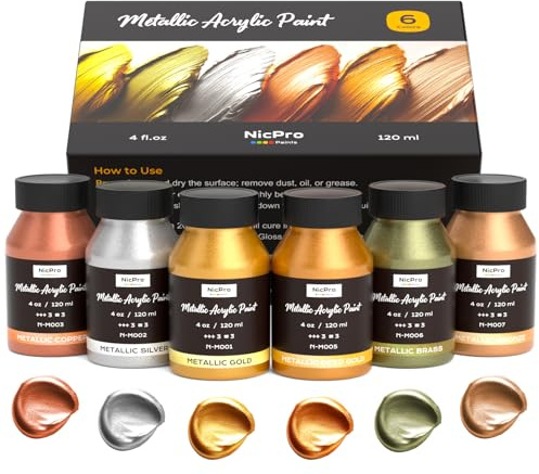 Nicpro Set Vernici Acriliche Metallizzate, 6 Colori Metallici In Bottiglie Da 4 Once/120 ML, Effetto Lucido, Vernice Acrilica Lucida Metallica per Mobili Forniture Artigianali In Tela