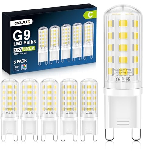 3.2W G9 Led Bulbs Cool White, Energy Class C, 34 LEDs 520LM G9 Bulbs 5 Pack | Equivalent to 40W-50W Halogen, 6000K AC 220-240V No Flicker Non-Dimmable Energy Saving G9 Light Bulbs for Home Lighting Decor