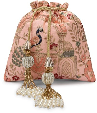 Luxury Embroidered Potli Bag, Silk with Gold Floral Pattern, Pearl Tassel Drawstring Closure, Traditional Wedding Pouch (Pink)