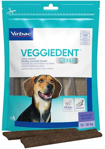 VEGGIEDENT® FR3SH™ Snack Dental para Perros Medianos 10-30kg | Control de la Placa y Sarro | Aliento Fresco y Saludable con Tecnología FR3SH™ | Cuidado Dental Diario | 15 Unidades