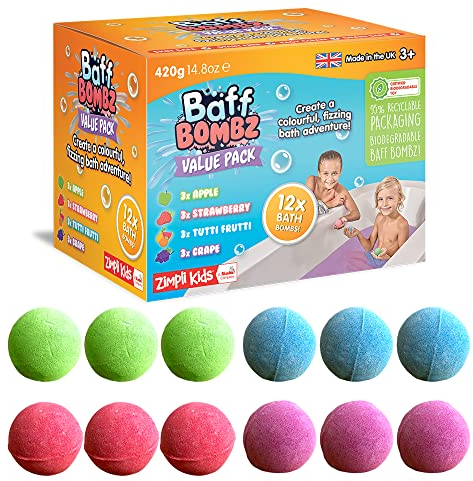 ZIMPLI - 12 x Bombe da Bagno, Set Regalo di Bombe da Bagno Spa Idratanti, Regalo di Compleanno per Bambini, Gioco per Bomboniere per Feste, Premi, Biologico e Vegano, Fizzer da bagno, Fizzy