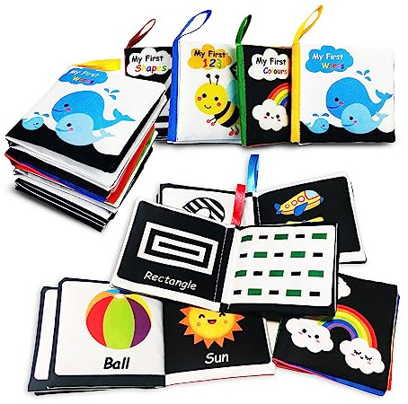 AMINFUN Soft Cloth Baby Books Black & White (4 Pack),Touch Crinkle Sensory Toys for Newborn Infants Toddler Non-Toxic Early Educational Preschool Learning Toy Gift 6-12-18 Months