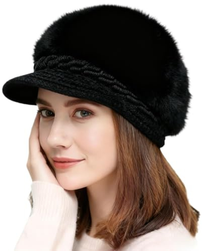 Women Baker Boy Hat Peaked Berets Hat Beanies Cap Ladies Winter Thermal Furry Wool Knitted Hats Warm Wool Newsboy Cap Classic Flat Caps Christmas Birthday Gift for Women Ladies Teen Girls Black