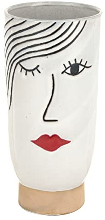 Baroni Home Jarrón de cerámica de diseño con cara, adorno moderno pintado a mano, maceta para plantas, orquídeas, pampas, interior o exterior, 14 x 14 x 28 cm, cilíndrico alto