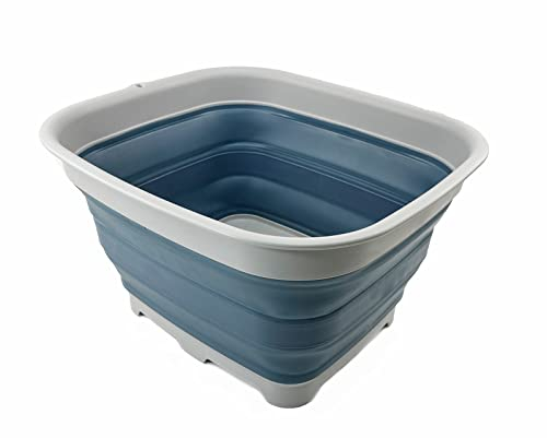 SAMMART 15L Zusammenklappbare Schüssel mit Ablaufstopfen - faltbares Waschbecken - tragbares Geschirrwaschbecken - platzsparendes Küchenregal (Grau/Stahlblau)