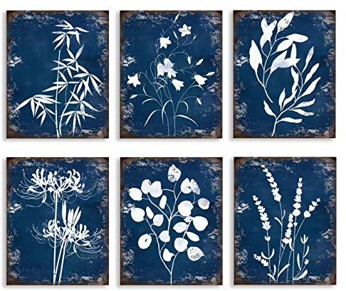 SUPERDANT Blue Navy Wall Art Painting Botanical Fern Eucalyptus Wall Pictures Canvas Prints Blue Canvas Poster for Walls Navy Green Pictures for Home Decor Unframed 6 Pcs