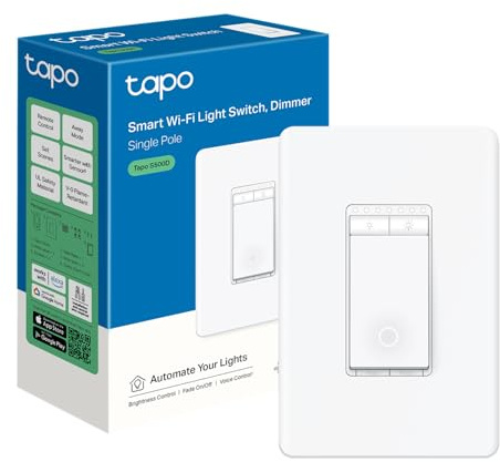 TP-Link Tapo Smart Dimmer Switch, Single Pole, Neutral Wire Required, 2.4GHz Wi-Fi Light Switch Compatible with Alexa and Google Home, UL Certified, No Hub Required, White (Tapo S500D)