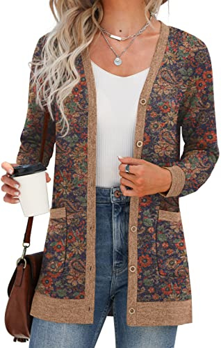 GRECERELLE Cardigan Donna Lungo Golfino Manica Lunga Elegante Comodo Apertura Frontale Bottoni Tasche Maglione Leggero Scollo a V (Anacardi Navy, L)