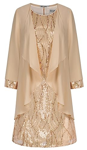 GRACE KARIN Damen Elegant Zweiteiliger Kleider Glänzendes Pailletten Vintage Ärmelloses Knielanges Cocktailkleid für Party Cocktail Champagnerfarbe XL