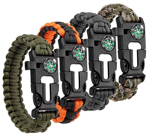 AYMQC Pulseras de Supervivencia de Paracord 5 en 1 con Brújula Iniciador de Fuego Silbato Sierra de Emergencia Equipo de Supervivencia para Senderismo Camping Pesca Caza 4 Piezas