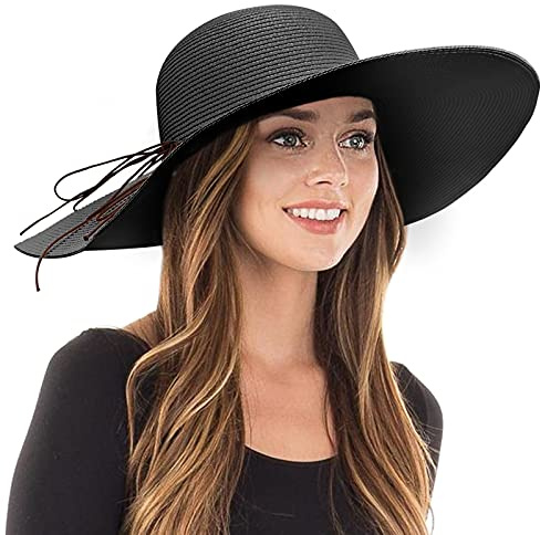 DRESHOW Womens Wide Brim Straw Hat Floppy Foldable Roll up Cap Beach Sun Hat UPF 50+