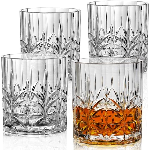 Bravario okrossbara whiskyglas i plast | okrossbara 100 % tritan dubbla stenar | diskmaskinssäkra | BPA-fria | perfekt för utomhuscocktailbourbon | 375 g, set med 4