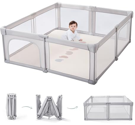 Doradotey Foldable Baby Playpen, Pre-Assembled Large Playpen 150 × 150 cm, Portable Play Yard with Carry Bag, Breathable Mesh Indoor & Outdoor Playpen for Babies and Toddlers