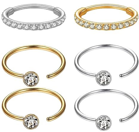 DKDDSSS 6 Stück Piercing Ring Conch, Piercing Nasenring, Nasenpiercing Ring Silber, Septum Piercings Nasenring, Nasenrings Edelstahl 0,8mm 1,2mm