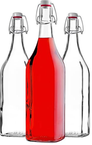 KADAX Lot de 3 bouteilles en verre vides avec bouchon à étrier - 1 litre - Bouteilles à jus en verre - Bouteilles à liqueur