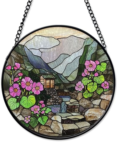 Bergenia Himalayan Steps Suncatcher Window Hanging Handmade Stained Glass Suncatchers Decoration with Metal Chain Outdoor Garden Decor Gift for Women Christmas Thanksgiving fJGpXO