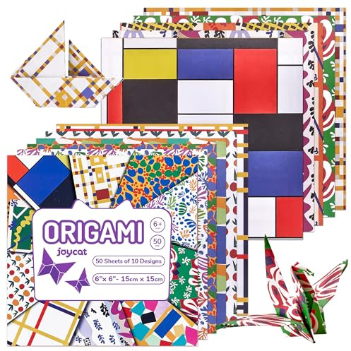 Papel de origami de 6 x 6 pulgadas, 50 hojas, obra maestra vintage y arte impresionista, neoplasticismo Mondrian y Matisse, fauvismo, papel plegable de doble cara para adultos, niños, ideal para