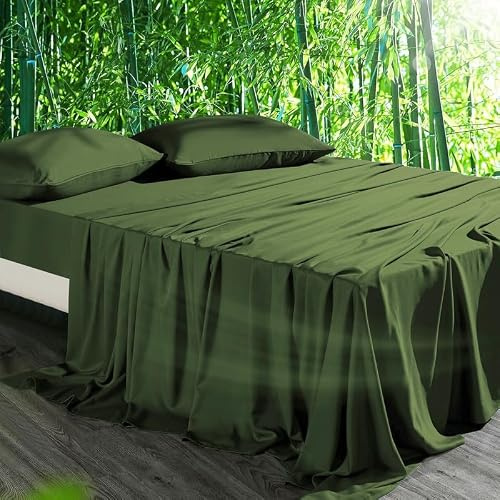 Gezu Sábana bajera ajustable de bambú Lyocell, 90 x 200 cm, verde oliva, 100% seda de bambú
