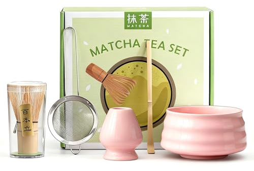 Ftemglo 5 Pièces Matcha Kit, Ensemble de fouet à Matcha avec Bol à Matcha en Bambou, Cuillère, Tamis Inox, Support Chasen et Cuillère Matcha, Accessoires Matcha pour la Cérémonie du Thé