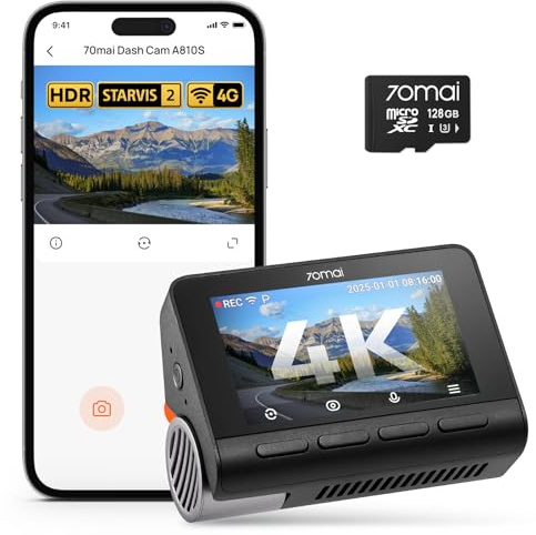 70mai 4K A810S Front Dashcam, STARVIS 2 HDR Night Vision, 24H Parking Monitoring, AI Sensor, ADAS, App Control, Voice Control, 146° Wide Angle, Included 128GB MicroSD Card, Optional 4G LTE