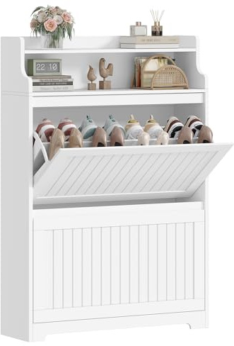 Hzuaneri Schuhschrank, Schuhregal Schuhkipper Schmal, Schuhkommode, Verstellbar, Schuhaufbewahrung für Eingang, Flur, Wohnzimmer, 16 Paar, 2 Klappen (80B cm), Weiß SR66103X
