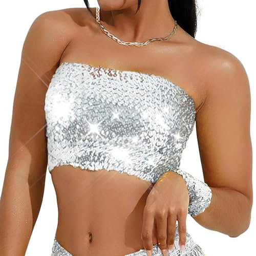 DIELIANHUA Top de Lentejuelas para Mujer Bandeau Sin Tirantes Brillantes Tubo Sexy Crop para Carnaval Halloween Navidad Danza del Vientre Fiesta Club (Plateado)