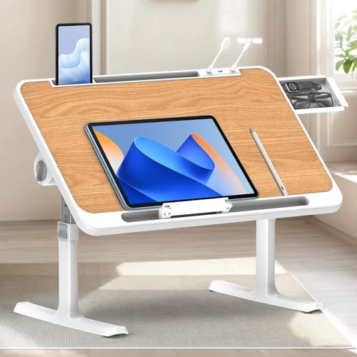 WoRaum Klappbarer Laptoptisch mit Schublade, LED & Ventilator – Höhenverstellbarer Schreibtisch für Bett, Sofa, Boden und Outdoor (Nussbaum)