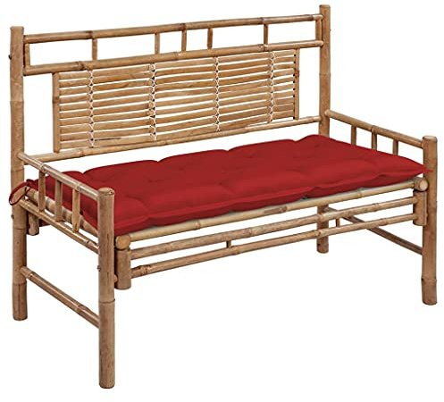 Mokuyary trädgårdsbänk med dyna 120 cm bambu sittbänk parkbänk, balkongbänk, utomhusbänk för trädgård terrass balkong -E