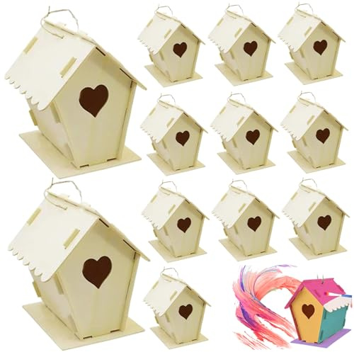 Kit de nichoir à Oiseaux 12 pièces, nichoirs en Bois Non Peints à Faire soi-même, nichoir en Forme de cœur et clôture avec Crochet Suspension, 4x4, 3x5, 5, Petites Maisons pour Adultes et Enfants