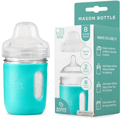 Mason Bottle Glass Baby Bottle DIY Kit – Fits 8oz Mason Jars – Includes 2X Slow Flow Nipples, Silicone Sleeve, and Cap (Ring, Lid, and Jar Not Included) – Made in USA