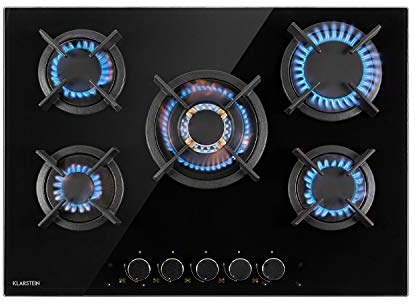 Klarstein Gas Cooker, 5 Burners Gas Hob, 10400W Built In Five Ring Electric Hob, Campervan Cooktops Cookers, Stainless Steel Glass Top Wok Burner, 5 Ring Kitchen Stoves LPG Cooker Burners