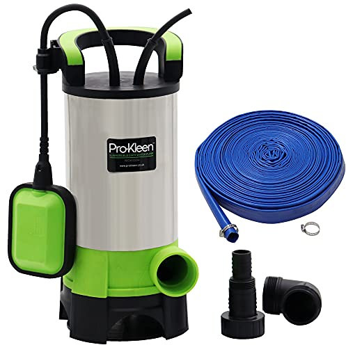 Pro-Kleen Submersible Water Pump 1100W Electric, 18000L/H, Heavy Duty 20m Layflat Hose for Clean or Dirty Water, Float Switch, 10M Power Lead, Floods, Pools, Gardens, Ponds, Hot Tubs