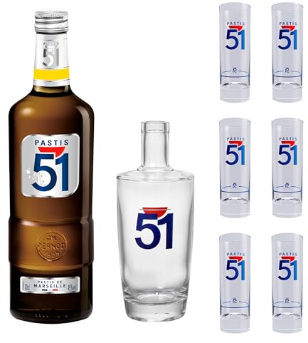 Pack PASTIS 51 Apéritif anisé Pastis de Marseille + 6 verres + 1 Carafe - 45%, 70cl