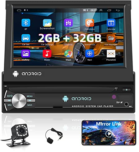 Autoradio Android 2GB+64GB 1 Din avec Navigation GPS, WiFi, Bluetooth, Radio FM RDS, Hodozzy Autoradio Ecran Tactile 7 Pouces 1 Din Rétractable avce Wireless Carplay et Android Auto, EQ USB/AUX+Caméra